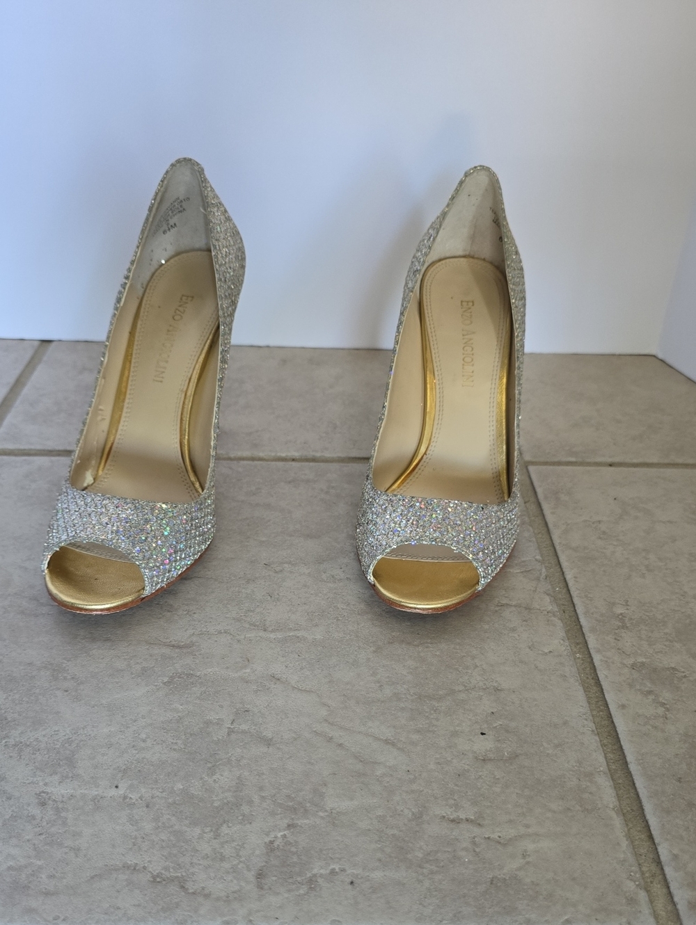 Enzo Angiolini Glitter Peep-Toe High Heels in Silver